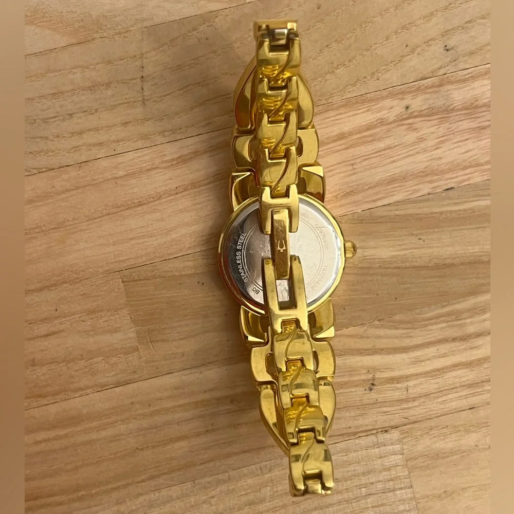 Bulova Ladies Watch Designer Gold Tone Bracelet Mother of Pearl Dial